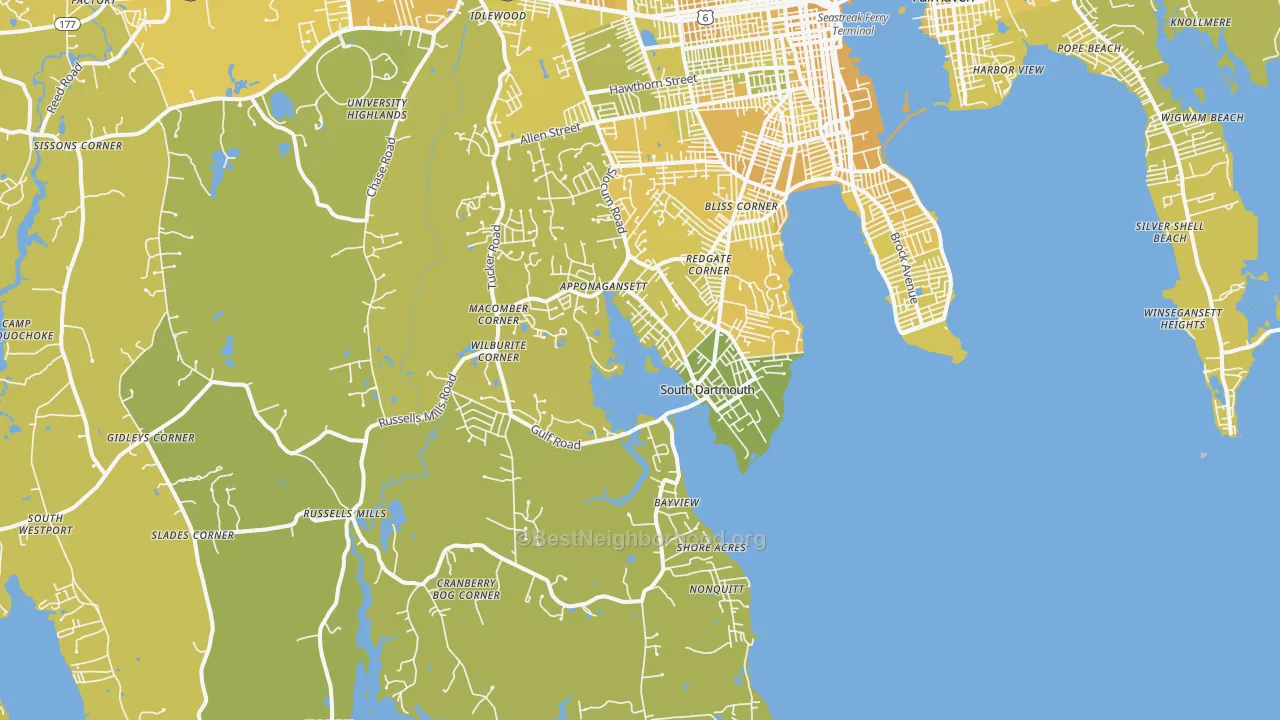 Map of the best neighborhoods in the 02748 area, with better matches in green and worse matches in red