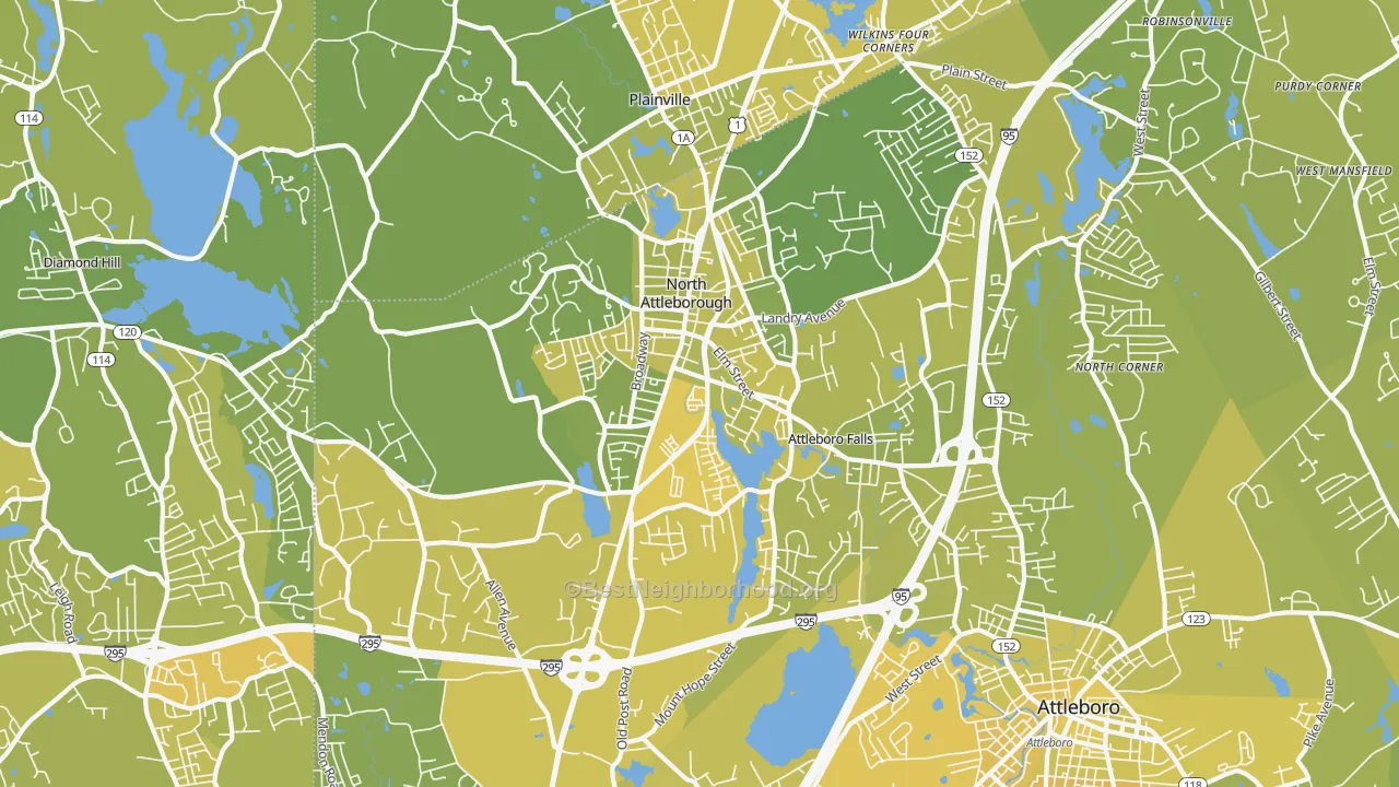 Map of the best neighborhoods in the 02760 area, with better matches in green and worse matches in red