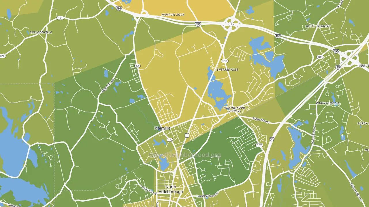 Map of the best neighborhoods in the 02762 area, with better matches in green and worse matches in red