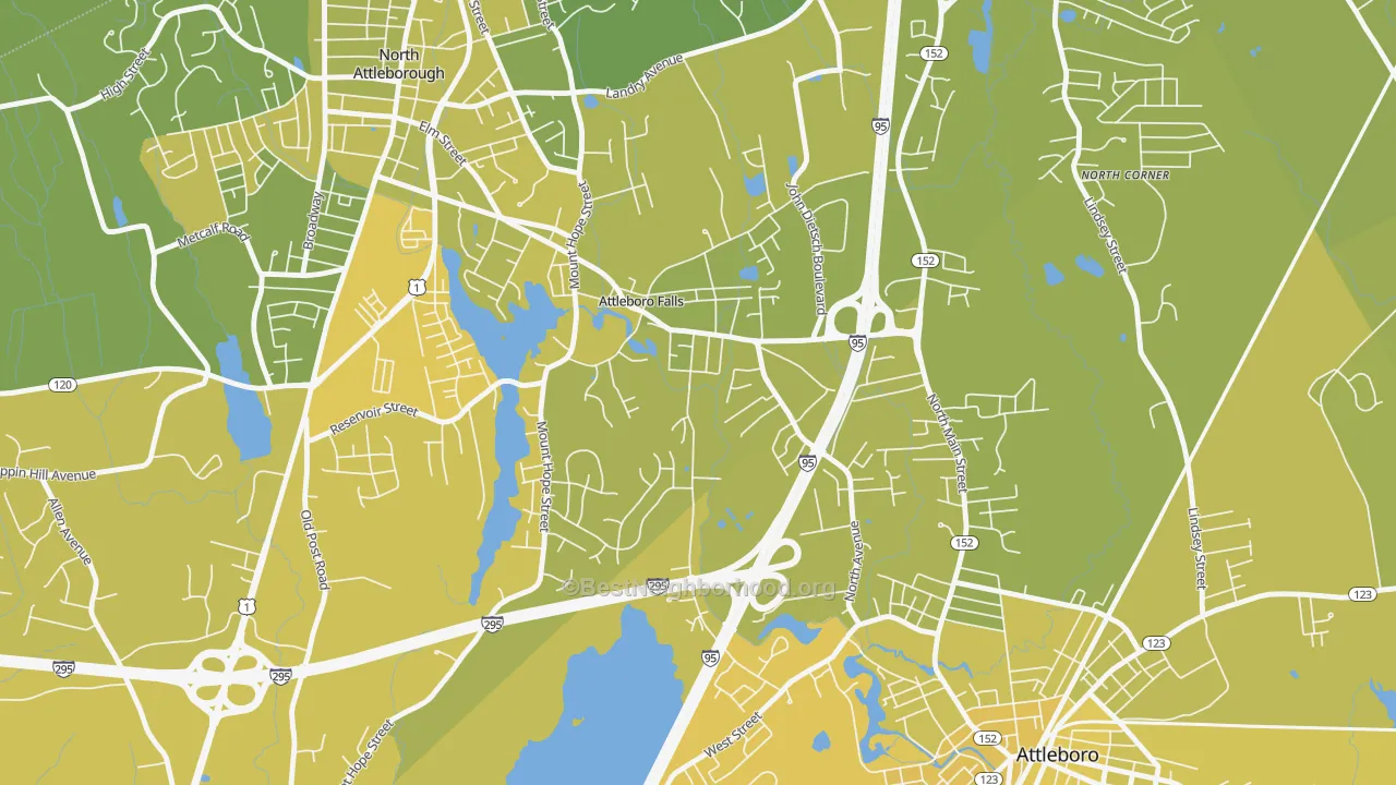 Map of the best neighborhoods in the 02763 area, with better matches in green and worse matches in red