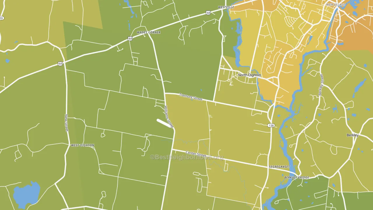 Map of the best neighborhoods in the 02764 area, with better matches in green and worse matches in red