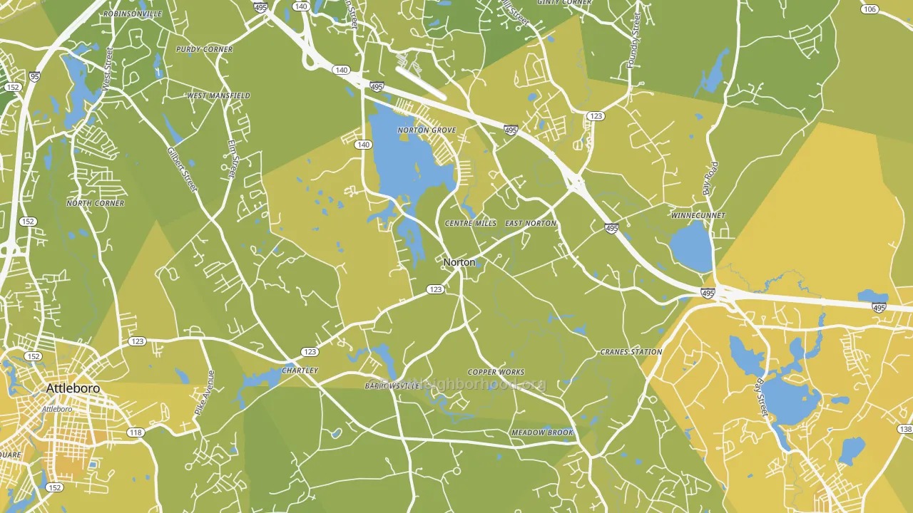 Map of the best neighborhoods in the 02766 area, with better matches in green and worse matches in red