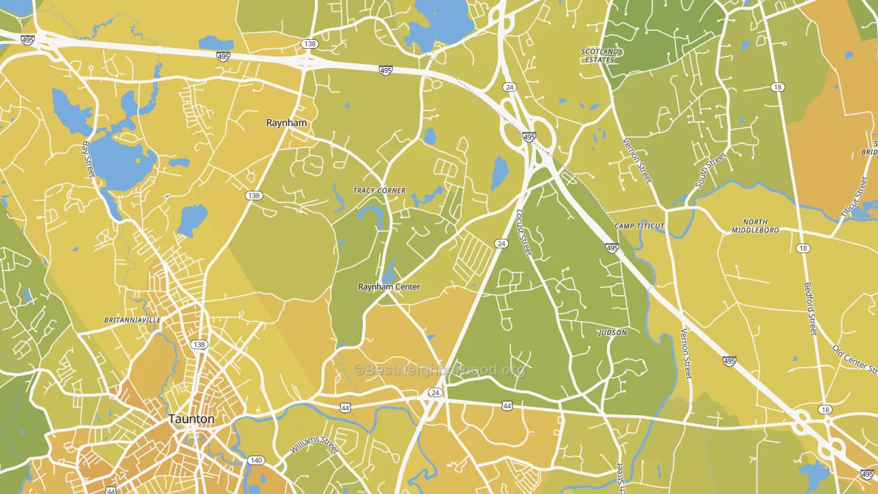 Map of the best neighborhoods in the 02767 area, with better matches in green and worse matches in red