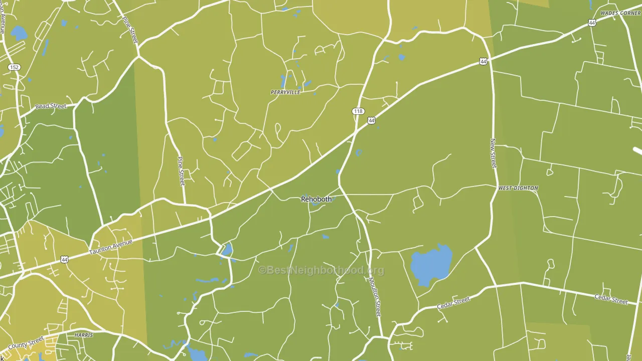 Map of the best neighborhoods in the 02769 area, with better matches in green and worse matches in red