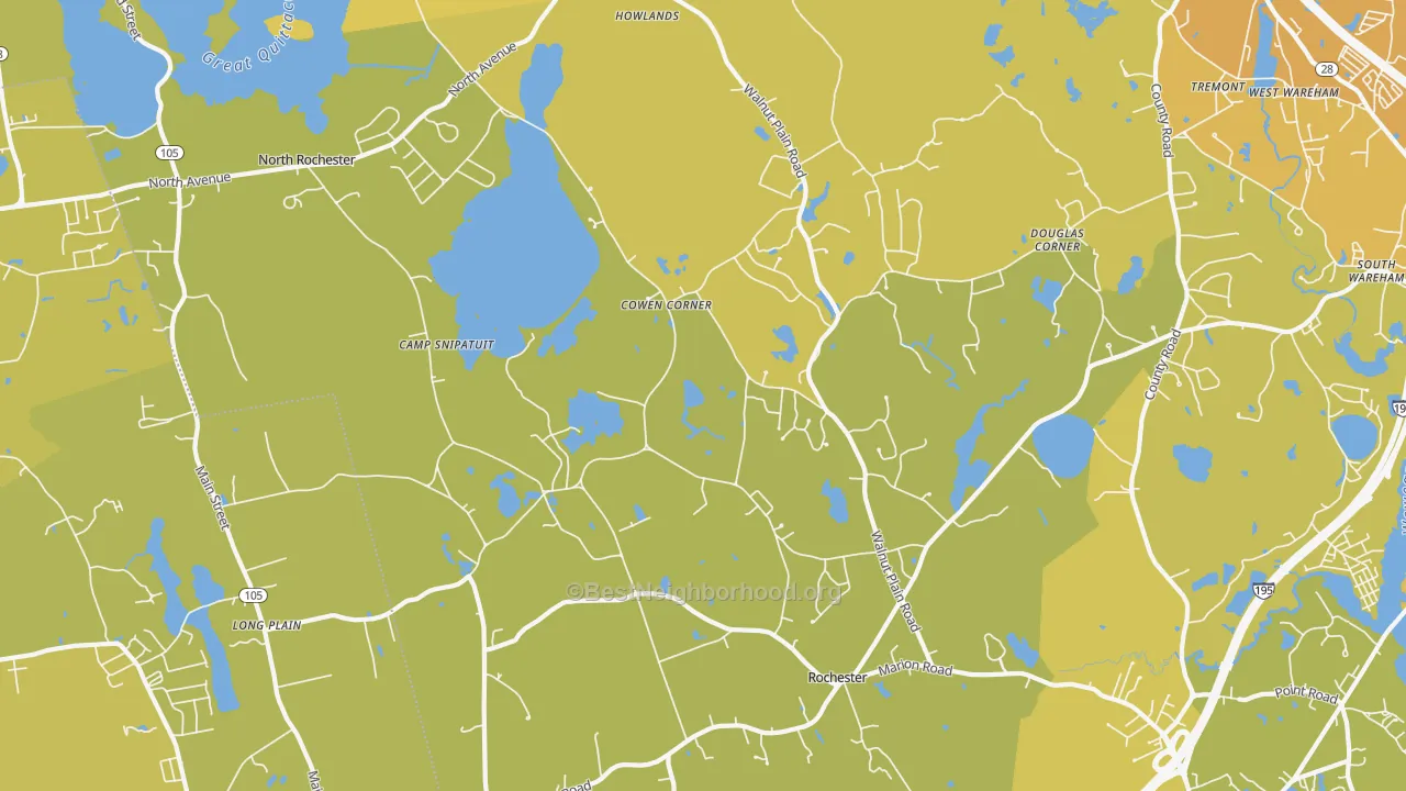 Map of the best neighborhoods in the 02770 area, with better matches in green and worse matches in red