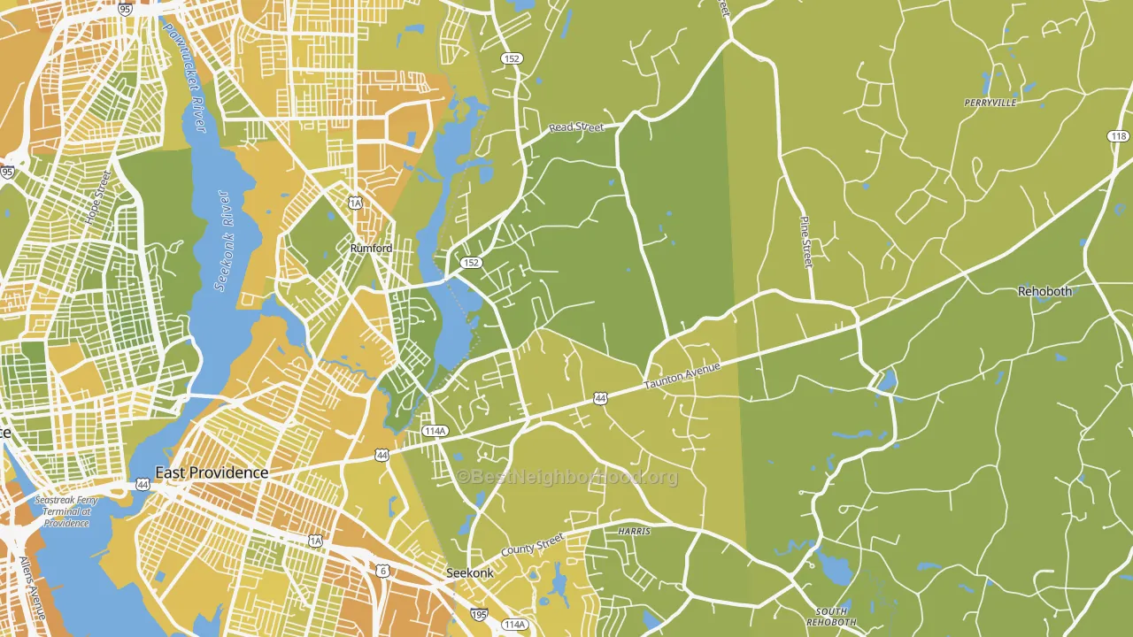 Map of the best neighborhoods in the 02771 area, with better matches in green and worse matches in red