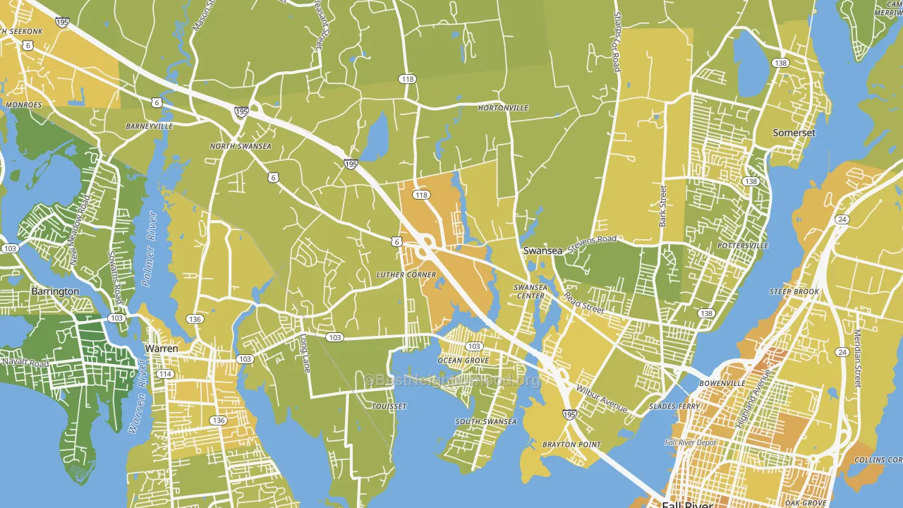 Map of the best neighborhoods in the 02777 area, with better matches in green and worse matches in red