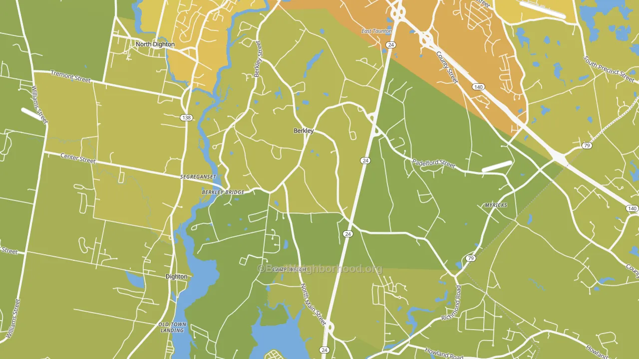 Map of the best neighborhoods in the 02779 area, with better matches in green and worse matches in red