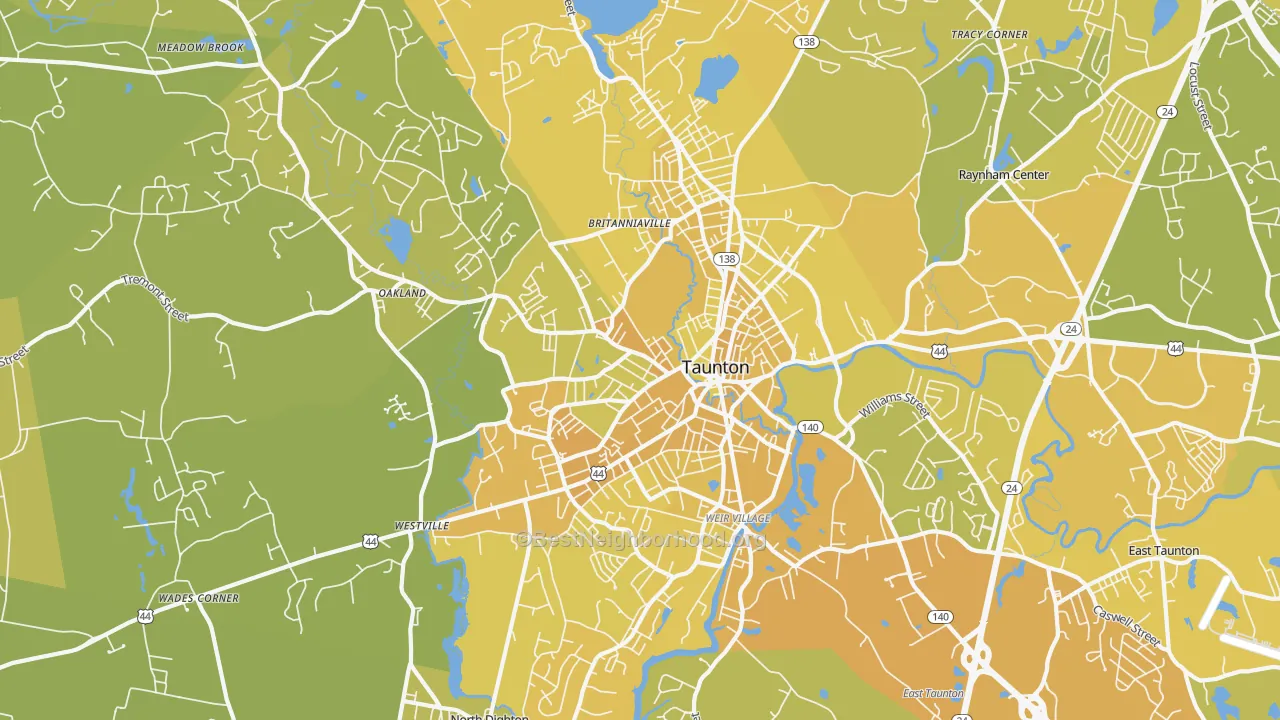 Map of the best neighborhoods in the 02780 area, with better matches in green and worse matches in red