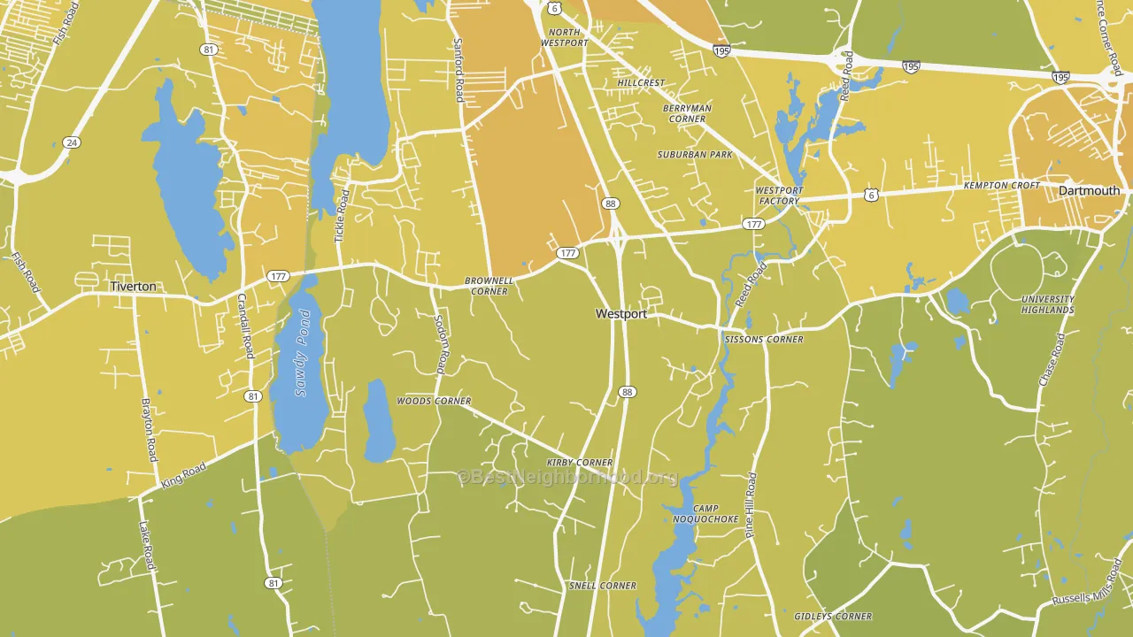 Map of the best neighborhoods in the 02790 area, with better matches in green and worse matches in red