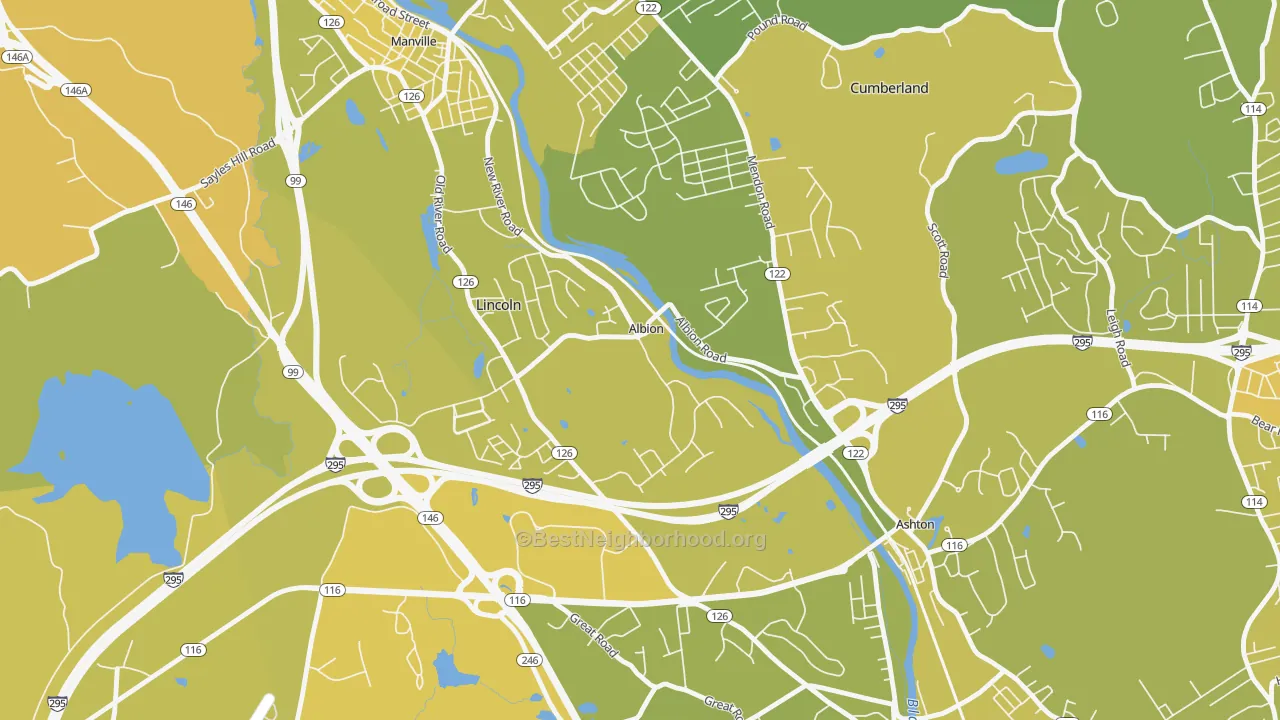 Map of the best neighborhoods in the 02802 area, with better matches in green and worse matches in red