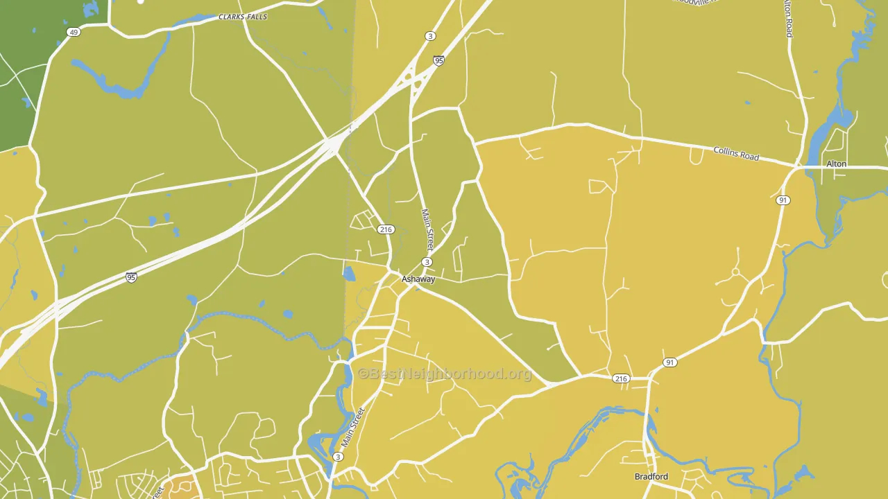 Map of the best neighborhoods in the 02804 area, with better matches in green and worse matches in red