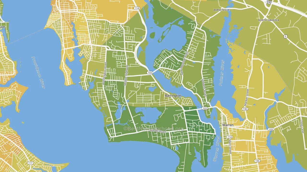 Map of the best neighborhoods in the 02806 area, with better matches in green and worse matches in red