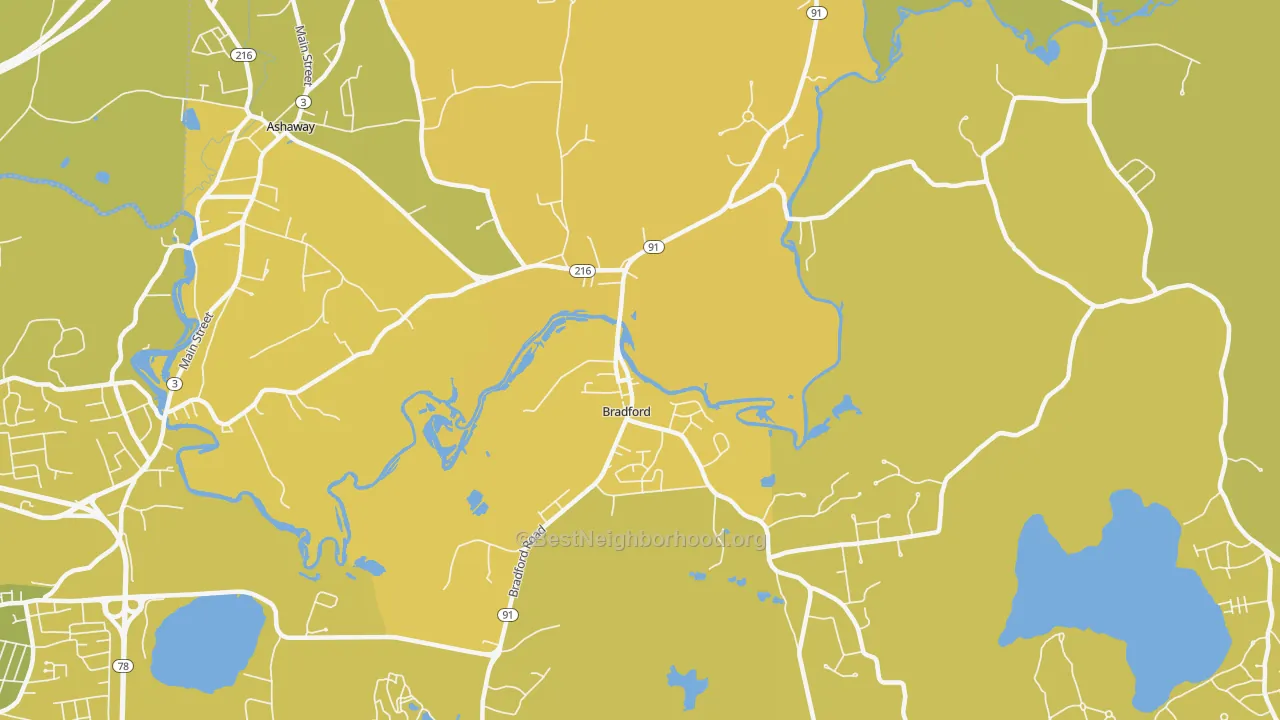 Map of the best neighborhoods in the 02808 area, with better matches in green and worse matches in red