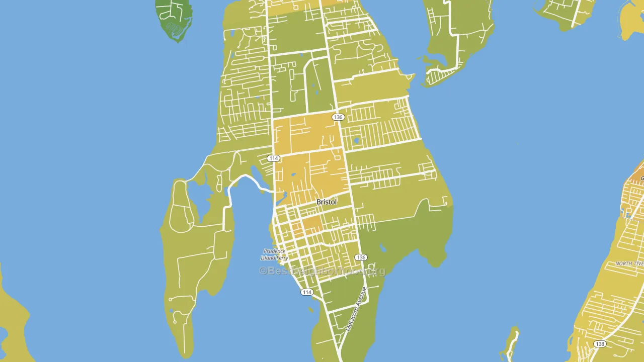 Map of the best neighborhoods in the 02809 area, with better matches in green and worse matches in red