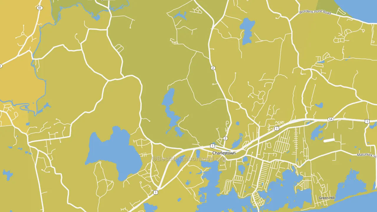 Map of the best neighborhoods in the 02813 area, with better matches in green and worse matches in red