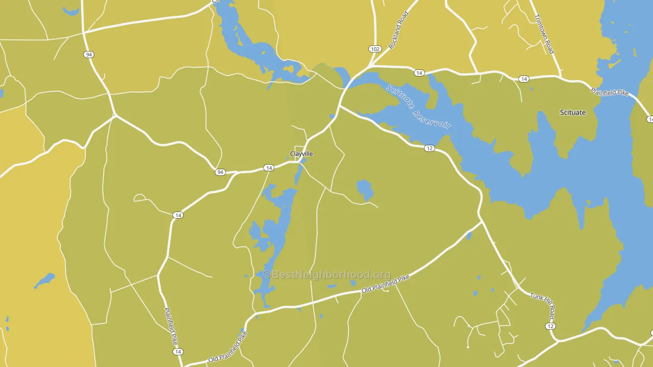 Map of the best neighborhoods in the 02815 area, with better matches in green and worse matches in red