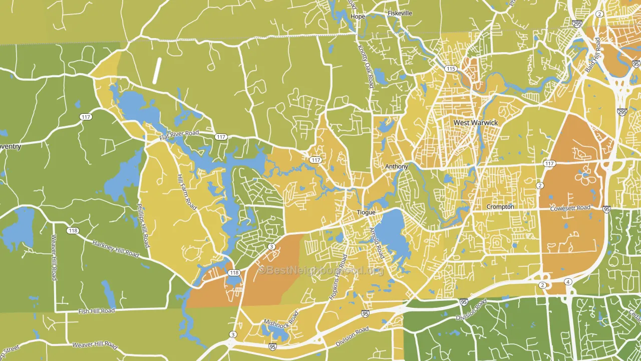 Map of the best neighborhoods in the 02816 area, with better matches in green and worse matches in red