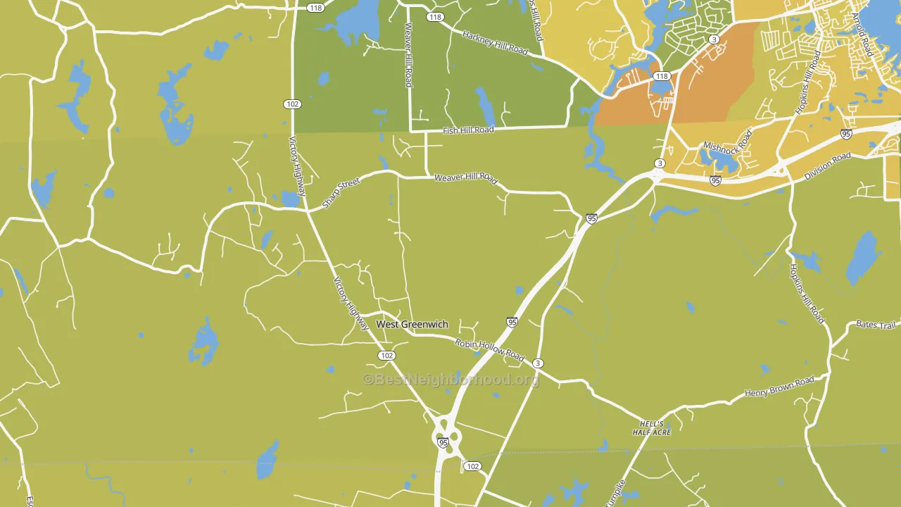 Map of the best neighborhoods in the 02817 area, with better matches in green and worse matches in red