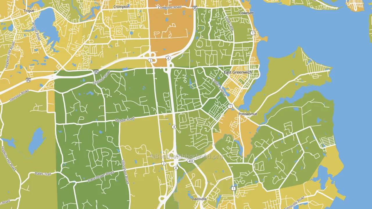 Map of the best neighborhoods in the 02818 area, with better matches in green and worse matches in red