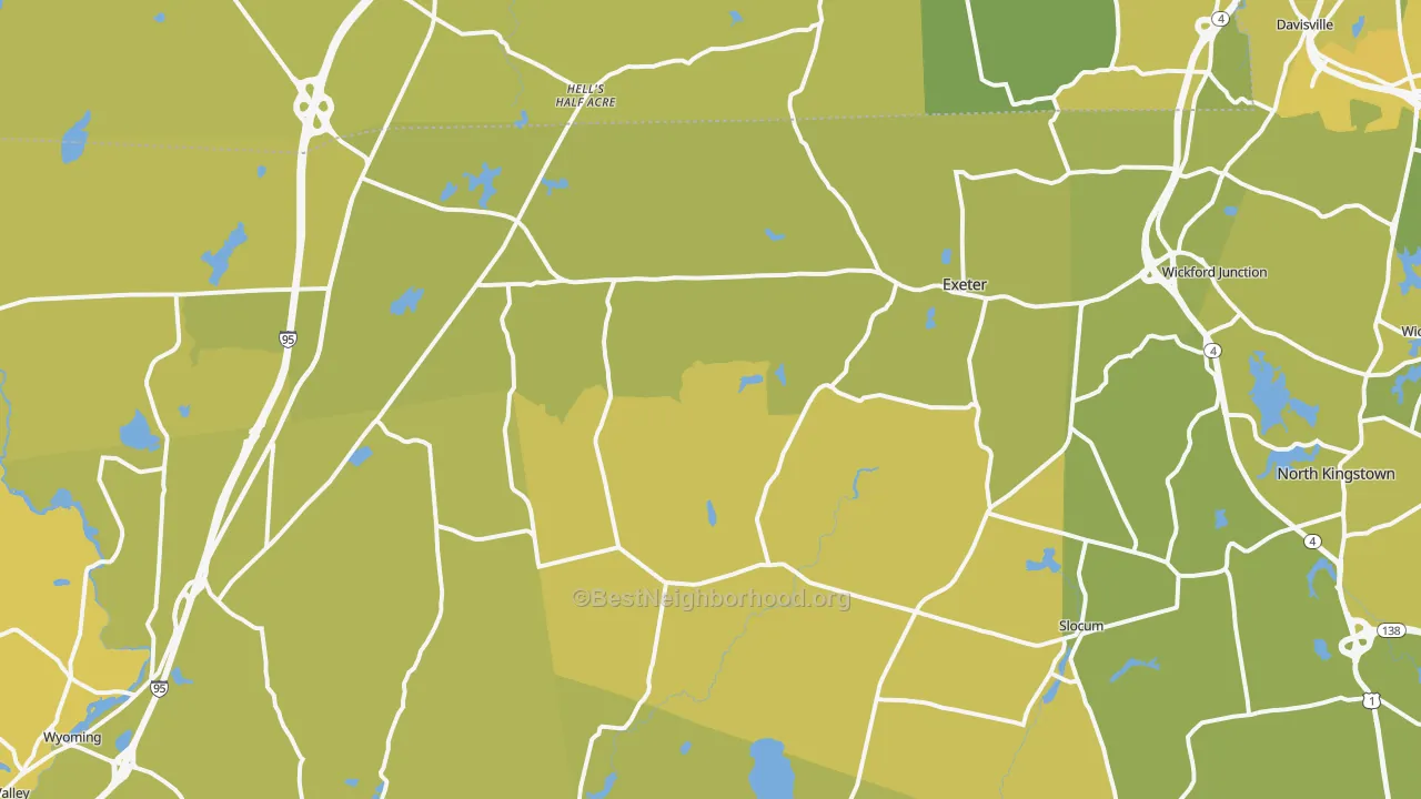 Map of the best neighborhoods in the 02822 area, with better matches in green and worse matches in red