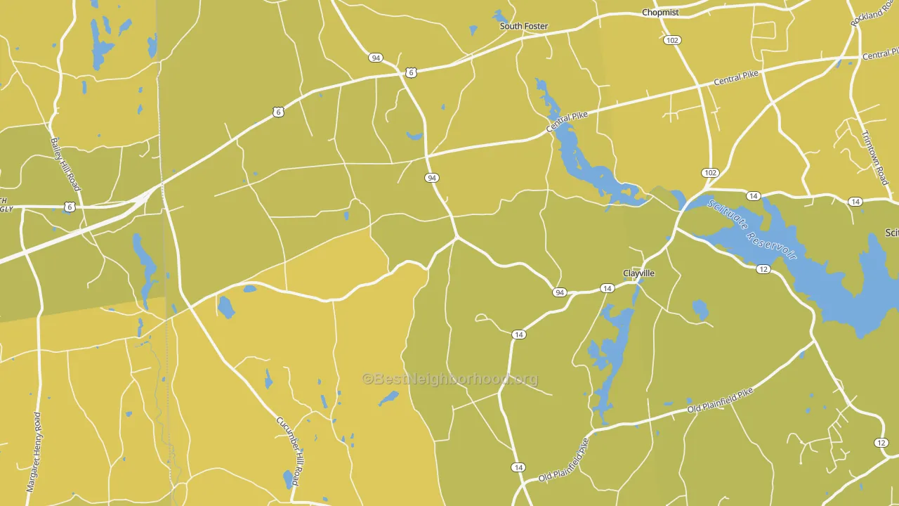 Map of the best neighborhoods in the 02825 area, with better matches in green and worse matches in red