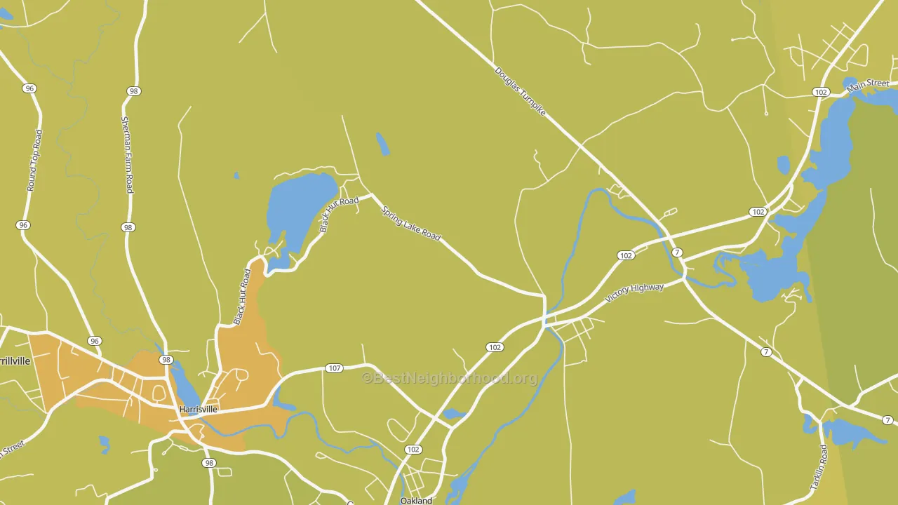 Map of the best neighborhoods in the 02826 area, with better matches in green and worse matches in red