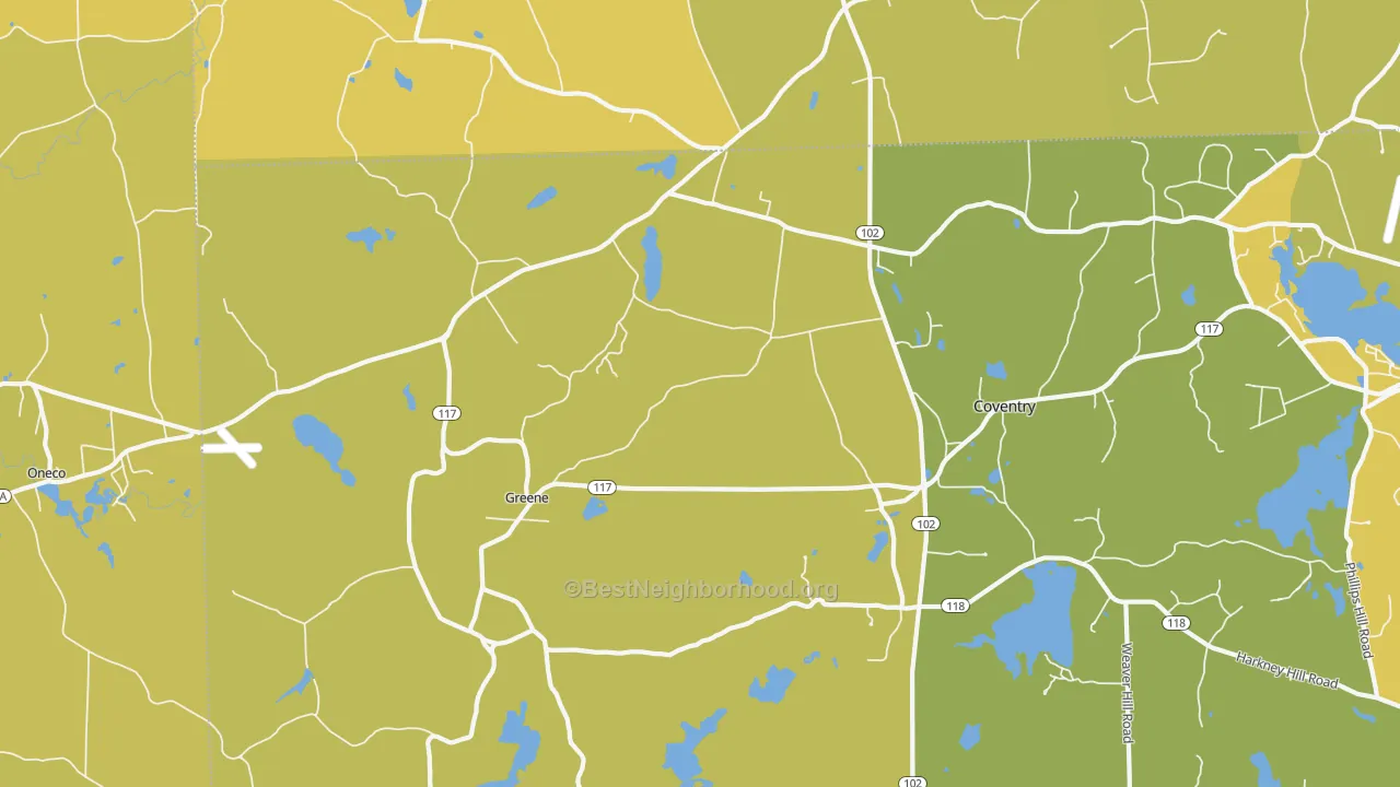 Map of the best neighborhoods in the 02827 area, with better matches in green and worse matches in red