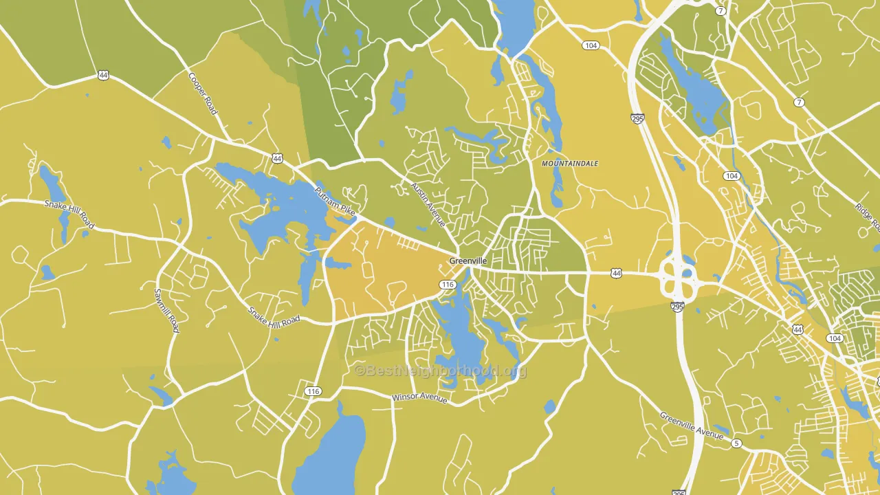 Map of the best neighborhoods in the 02828 area, with better matches in green and worse matches in red