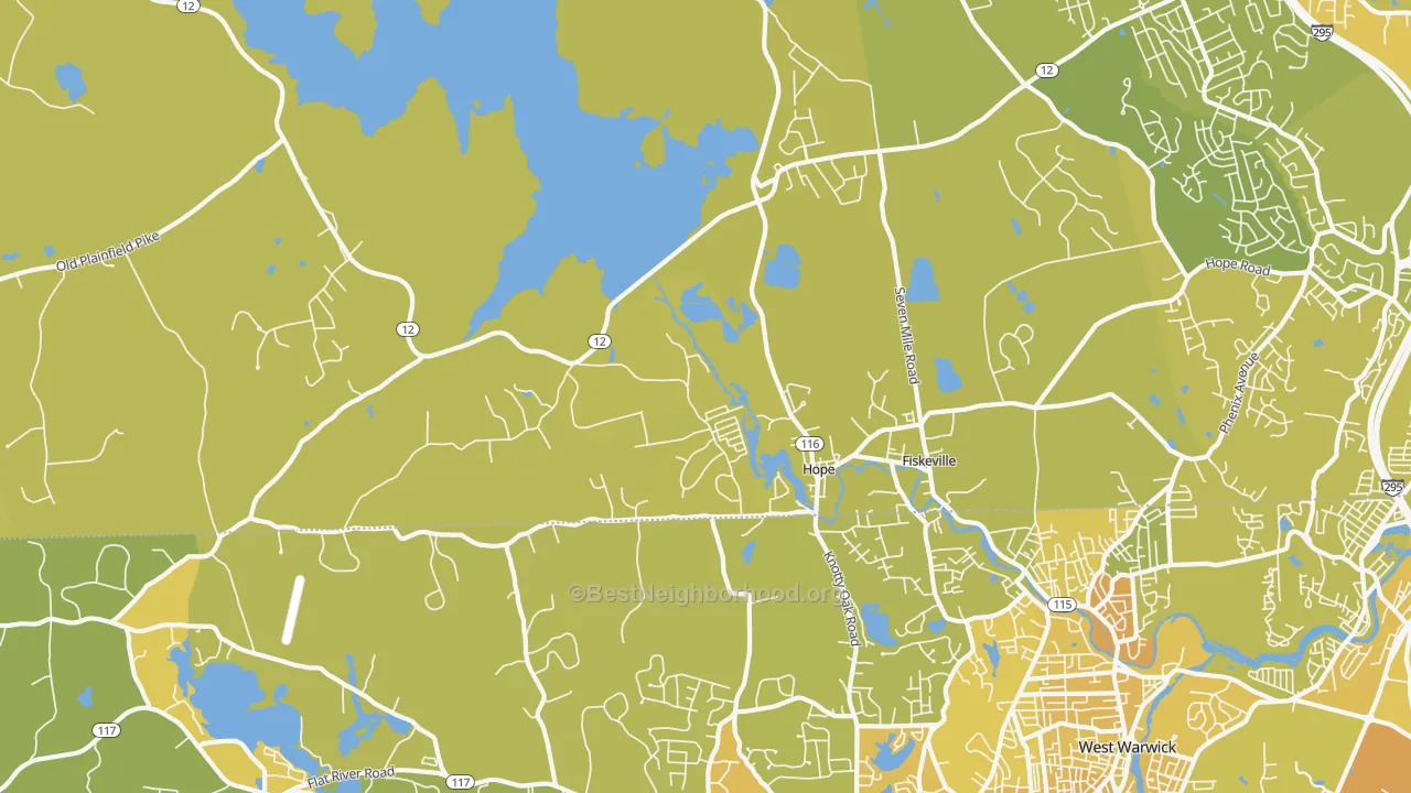 Map of the best neighborhoods in the 02831 area, with better matches in green and worse matches in red
