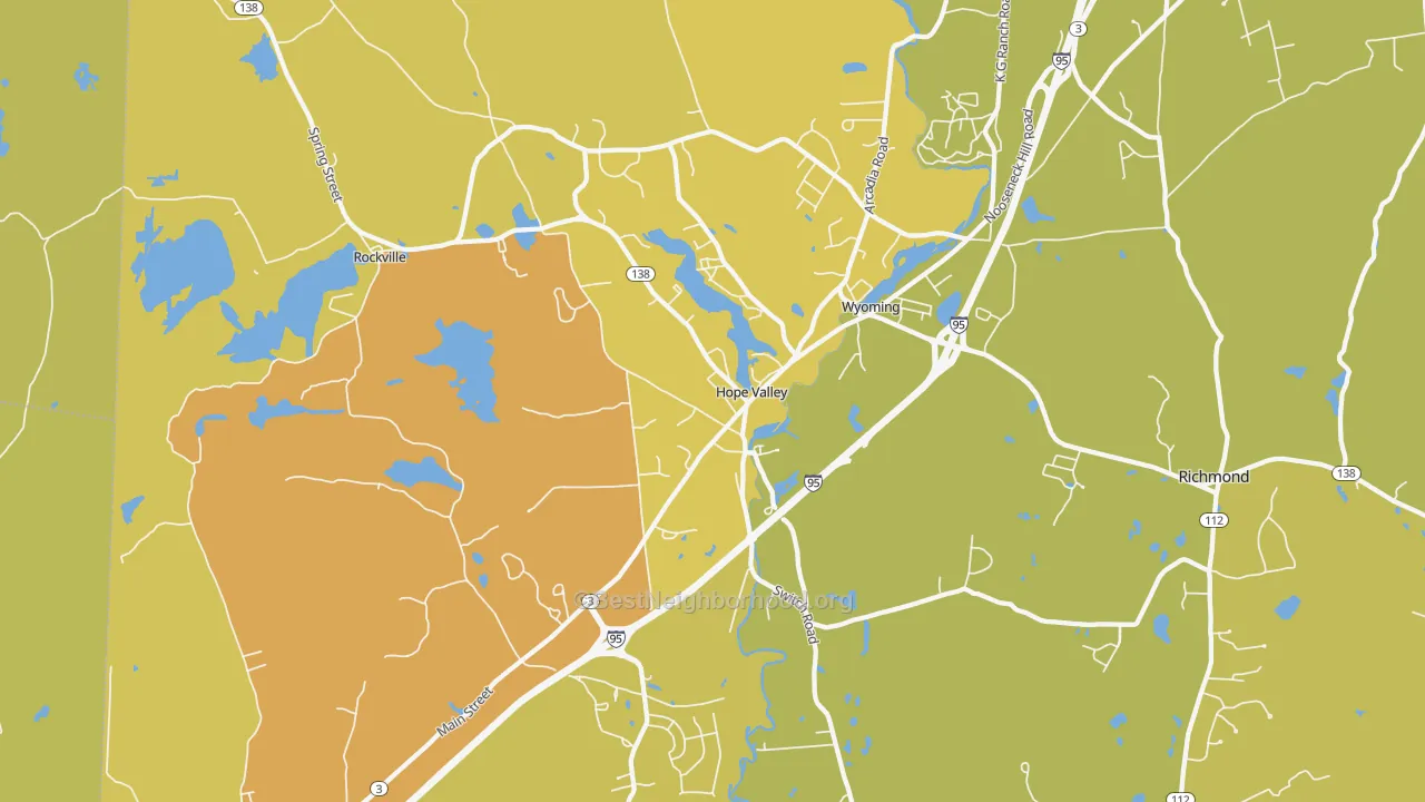 Map of the best neighborhoods in the 02832 area, with better matches in green and worse matches in red