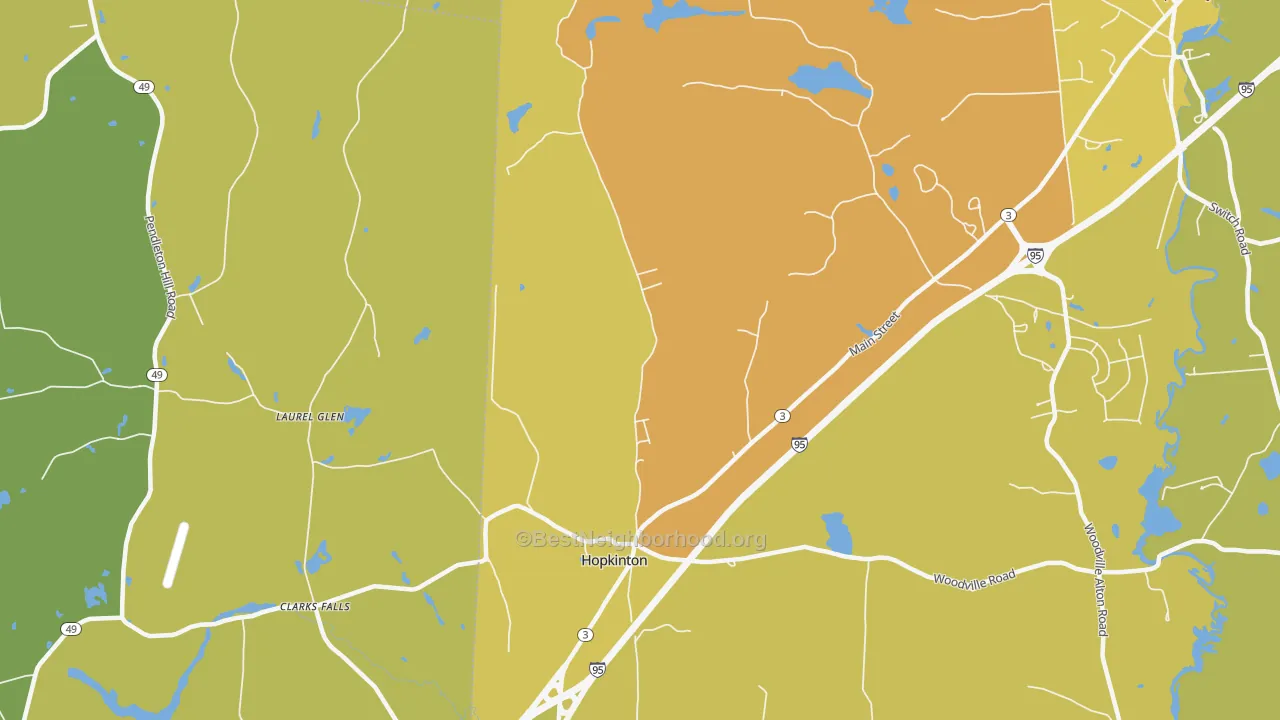 Map of the best neighborhoods in the 02833 area, with better matches in green and worse matches in red