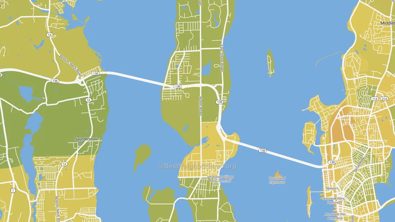 Map of the best neighborhoods in the 02835 area, with better matches in green and worse matches in red
