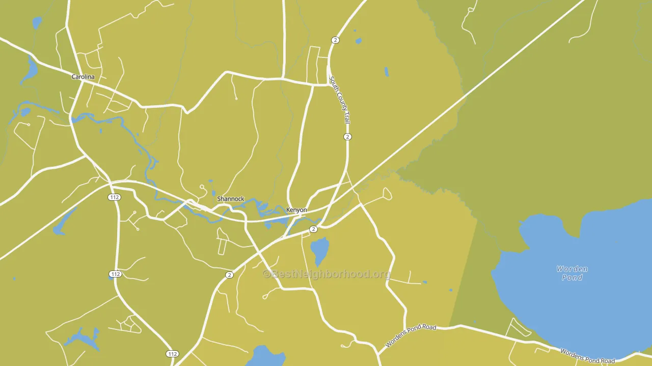 Map of the best neighborhoods in the 02836 area, with better matches in green and worse matches in red