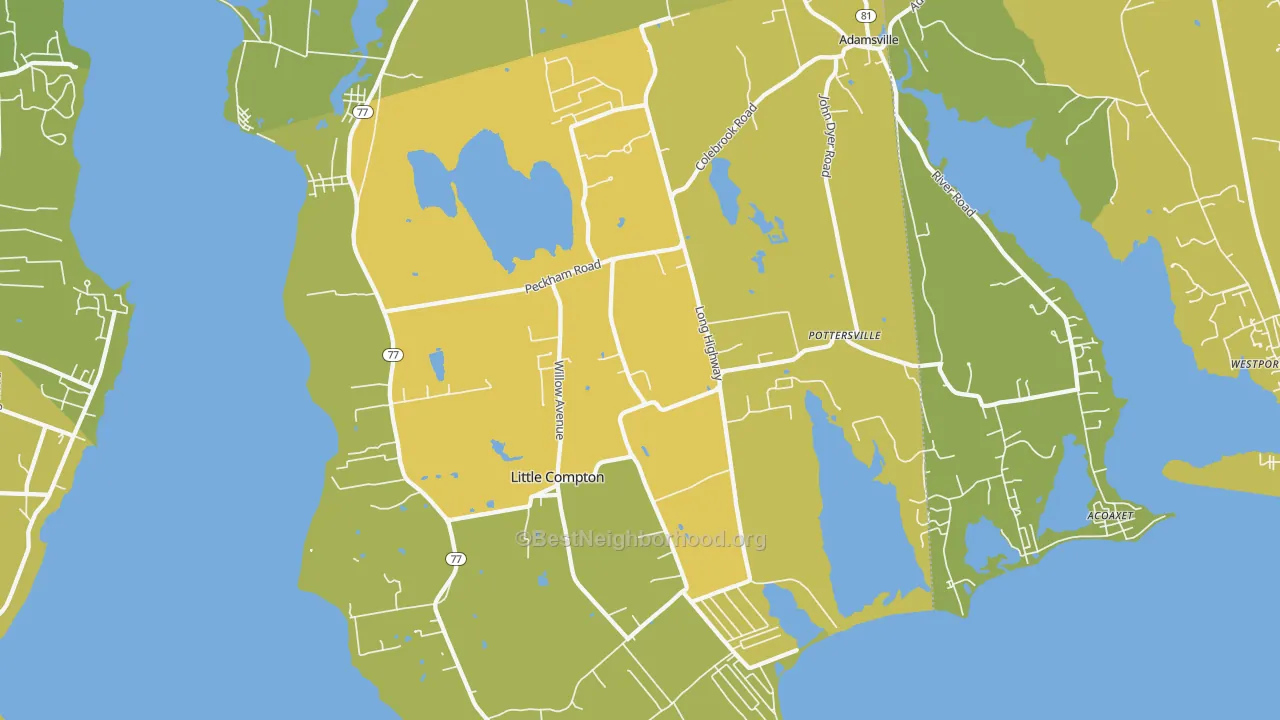 Map of the best neighborhoods in the 02837 area, with better matches in green and worse matches in red