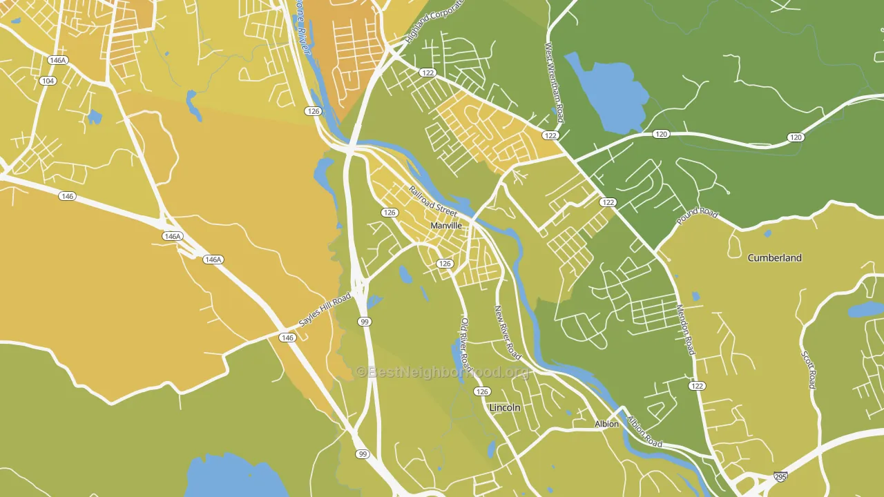 Map of the best neighborhoods in the 02838 area, with better matches in green and worse matches in red