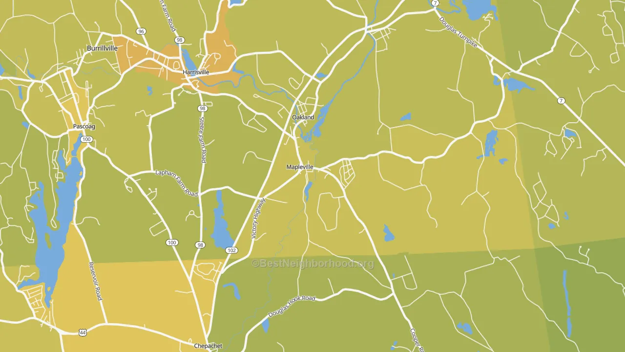 Map of the best neighborhoods in the 02839 area, with better matches in green and worse matches in red