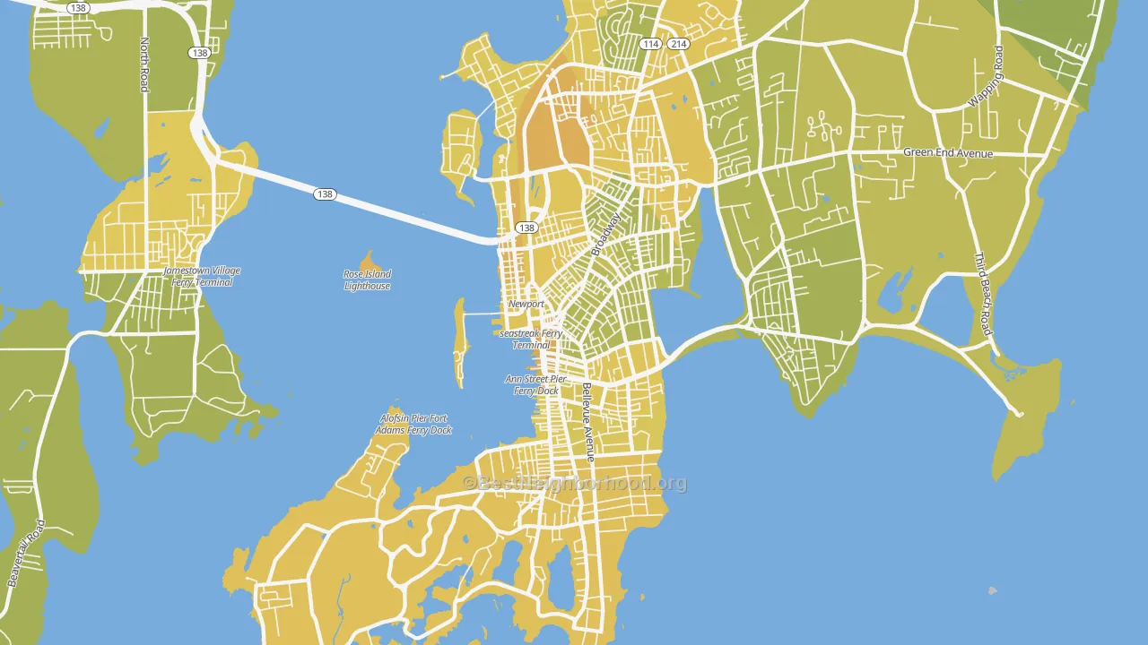 Map of the best neighborhoods in the 02840 area, with better matches in green and worse matches in red