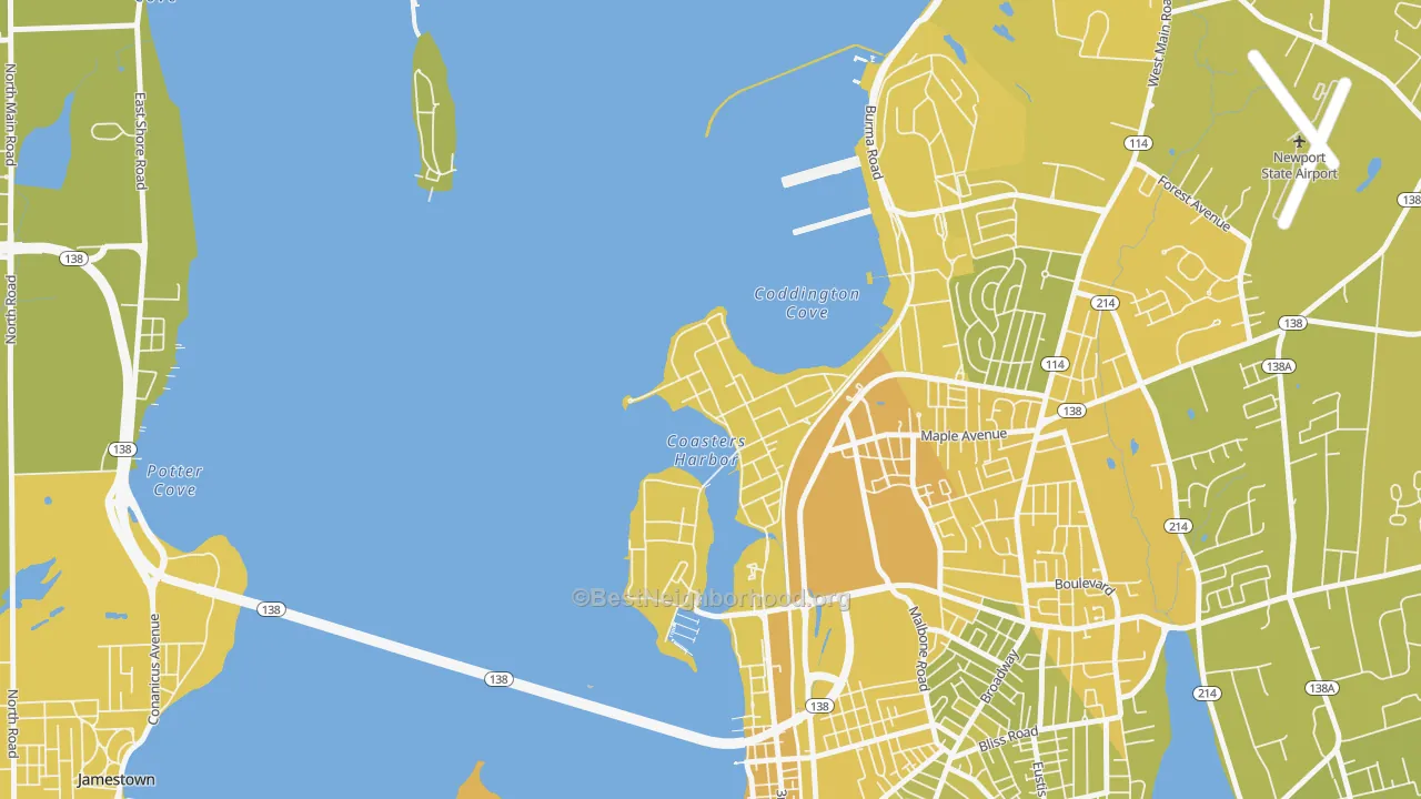 Map of the best neighborhoods in the 02841 area, with better matches in green and worse matches in red