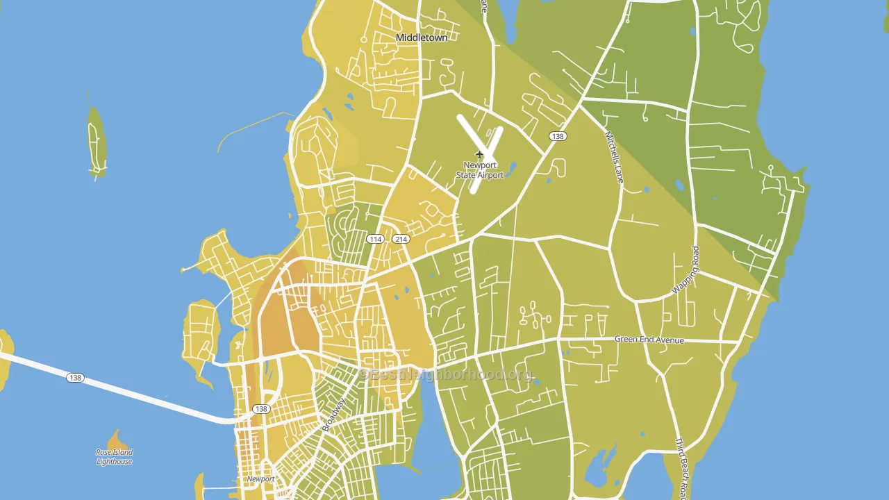 Map of the best neighborhoods in the 02842 area, with better matches in green and worse matches in red
