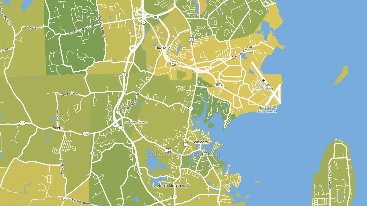 Map of the best neighborhoods in the 02852 area, with better matches in green and worse matches in red