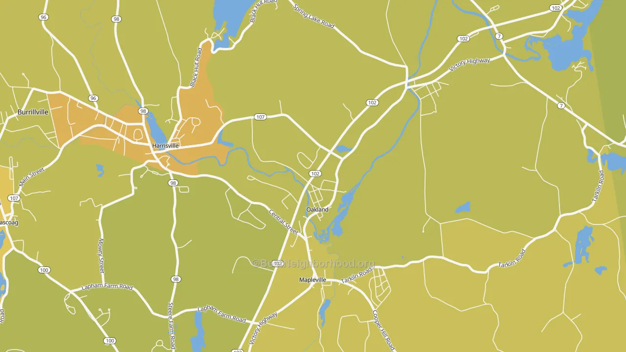 Map of the best neighborhoods in the 02858 area, with better matches in green and worse matches in red