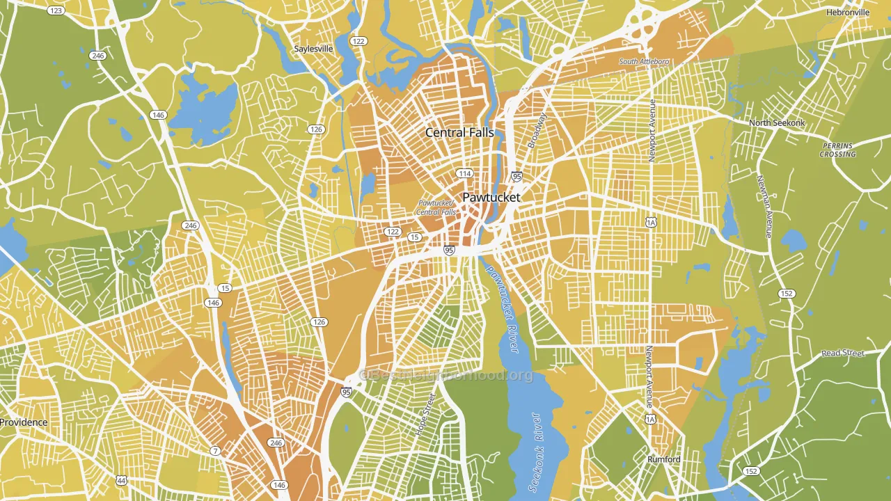 Map of the best neighborhoods in the 02860 area, with better matches in green and worse matches in red