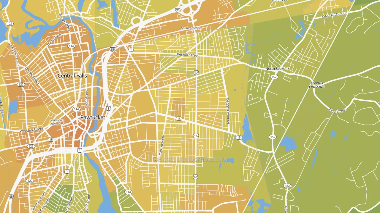 Map of the best neighborhoods in the 02861 area, with better matches in green and worse matches in red
