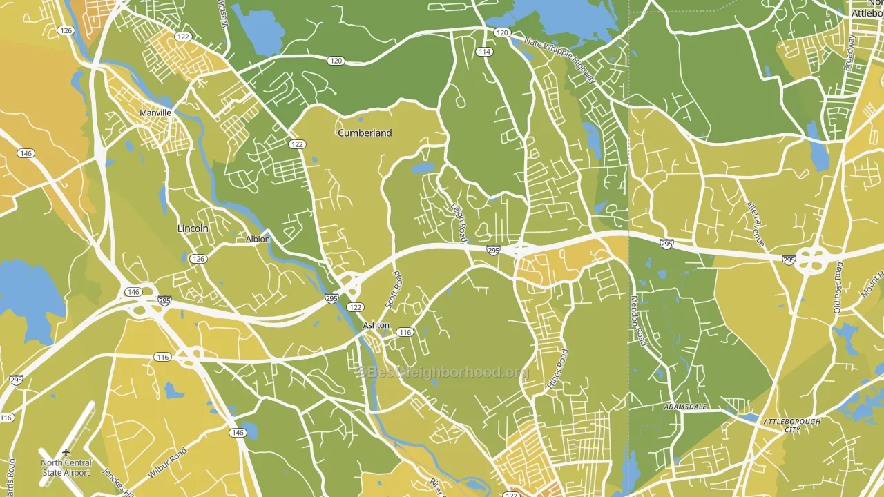 Map of the best neighborhoods in the 02864 area, with better matches in green and worse matches in red