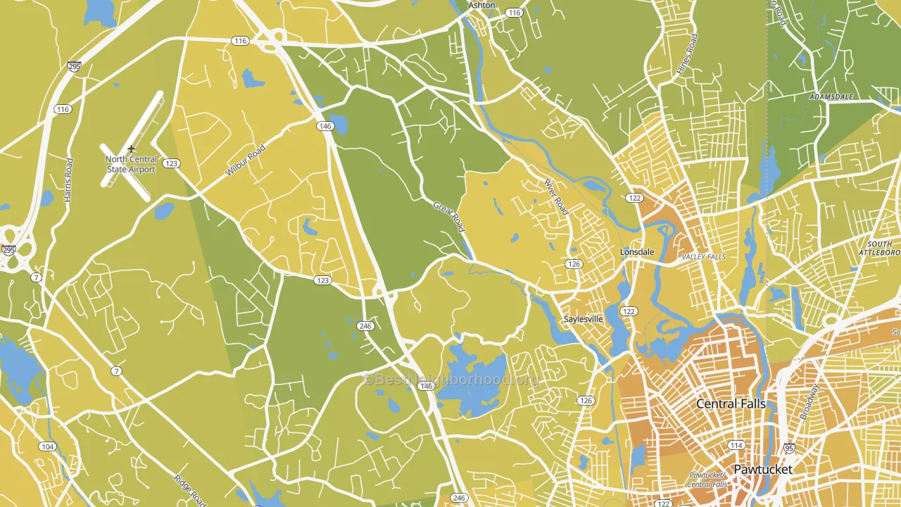 Map of the best neighborhoods in the 02865 area, with better matches in green and worse matches in red