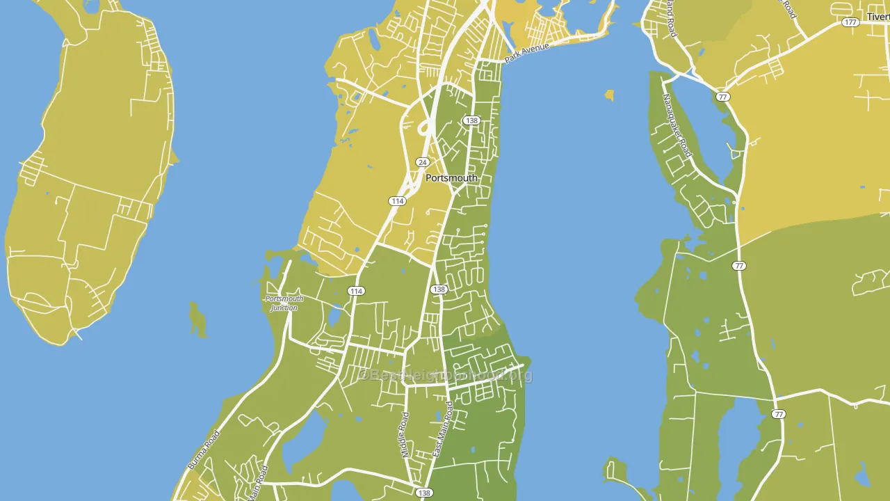 Map of the best neighborhoods in the 02871 area, with better matches in green and worse matches in red