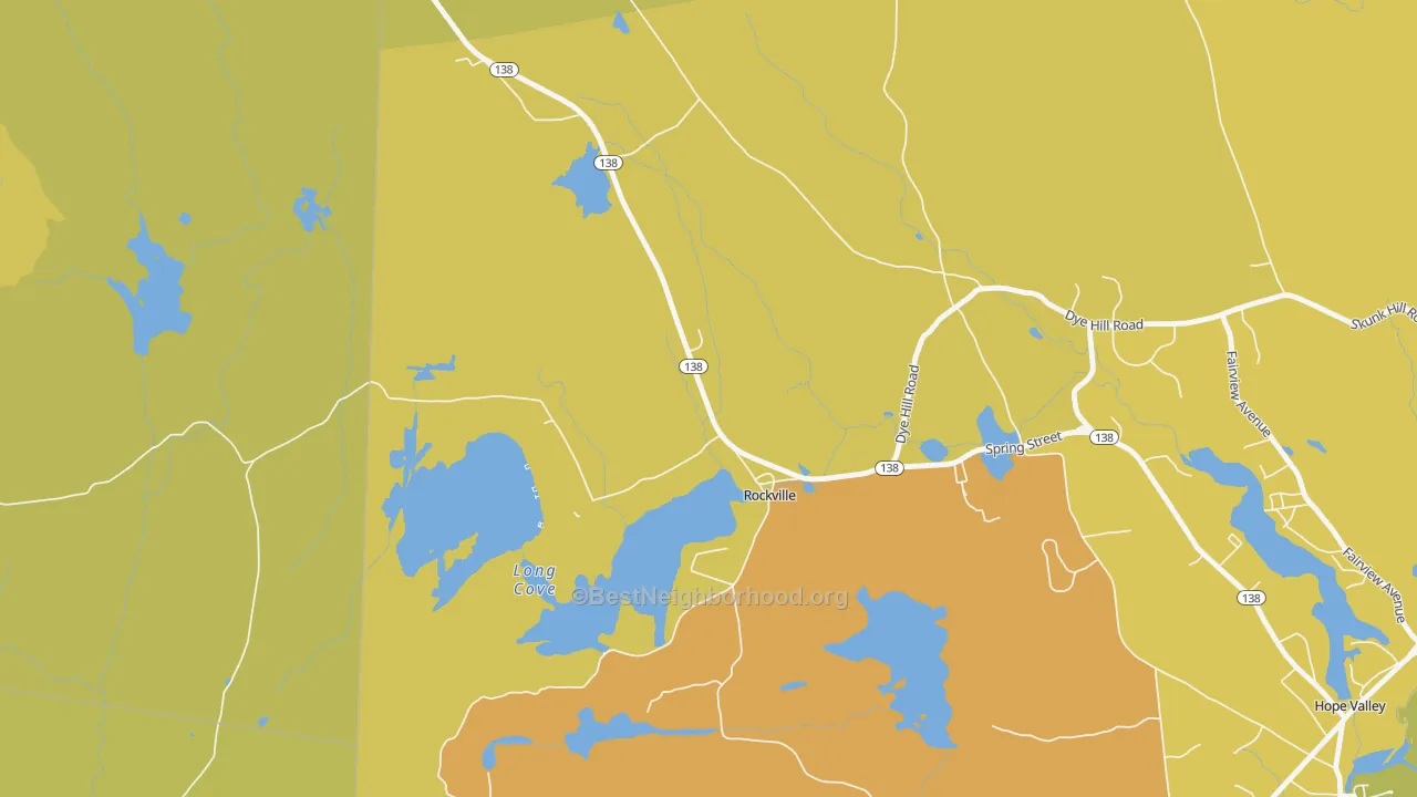 Map of the best neighborhoods in the 02873 area, with better matches in green and worse matches in red
