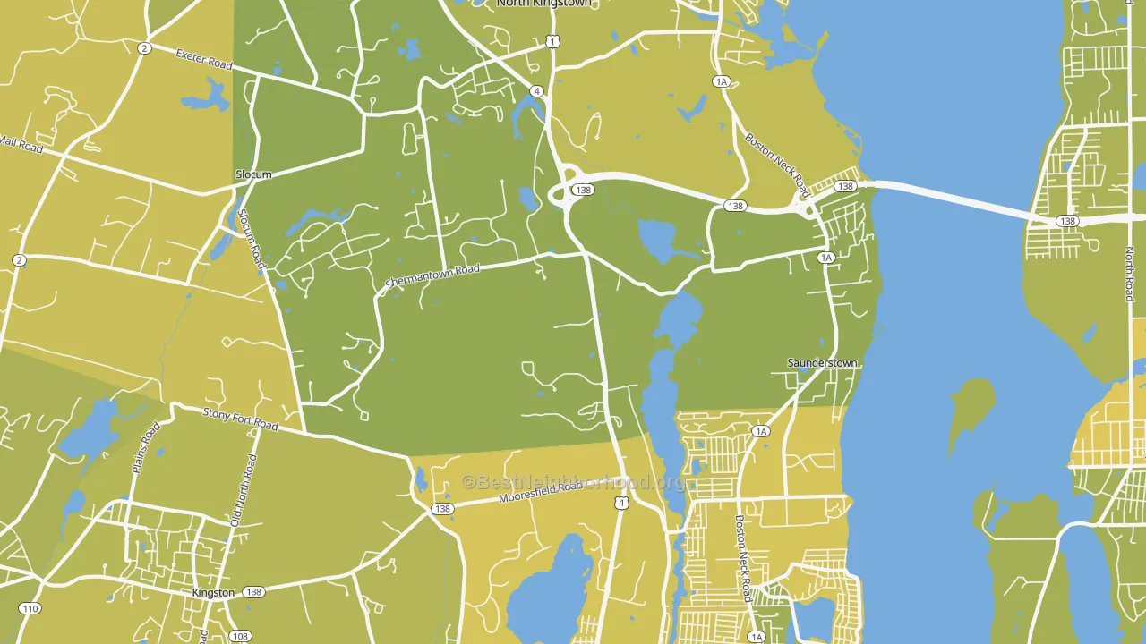 Map of the best neighborhoods in the 02874 area, with better matches in green and worse matches in red