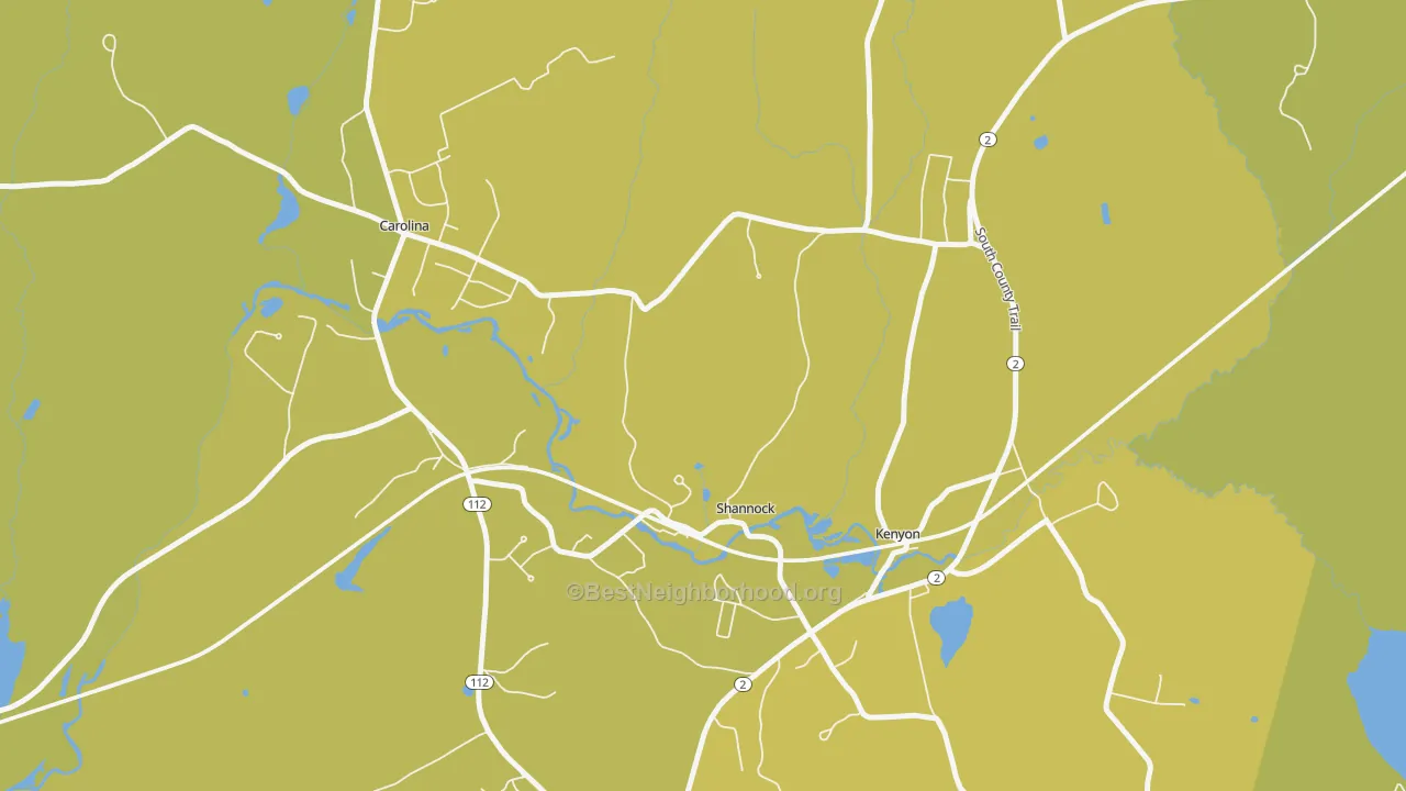 Map of the best neighborhoods in the 02875 area, with better matches in green and worse matches in red